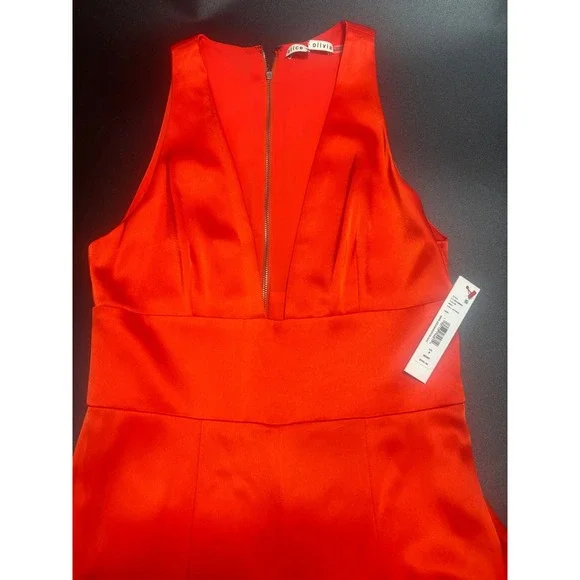 Alice & Olivia NWT Myrtle Pleated Wide-Leg Satin Jumpsuit Tomato Red - Picture 6 of 8